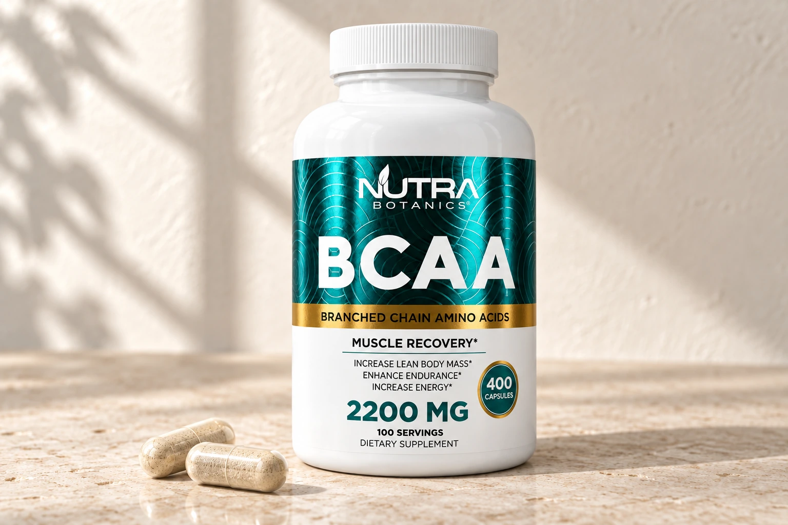 BCAA bottle beside capsules on warm stone