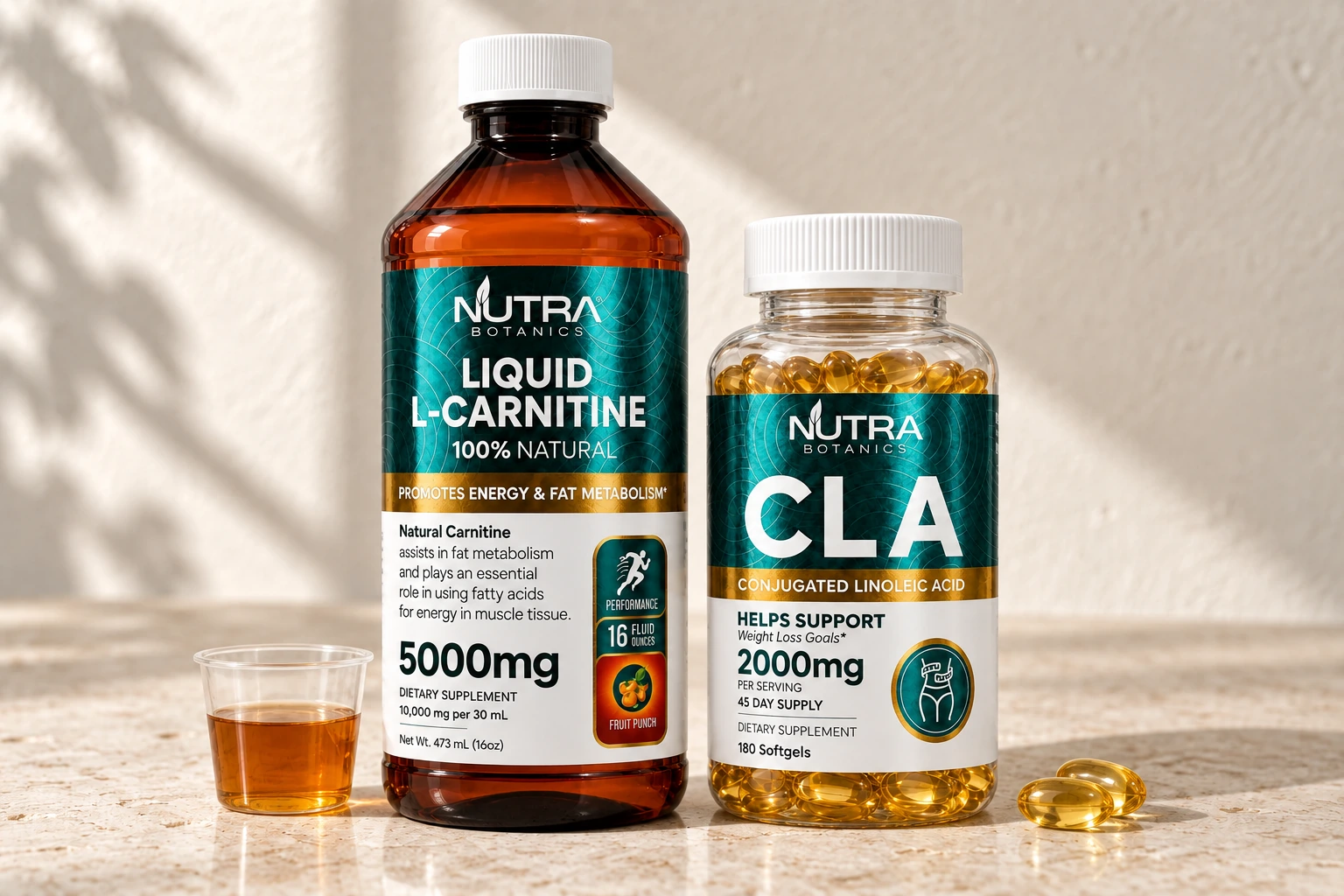 Liquid L-Carnitine and CLA bottles beside liquid and golden softgels on warm stone