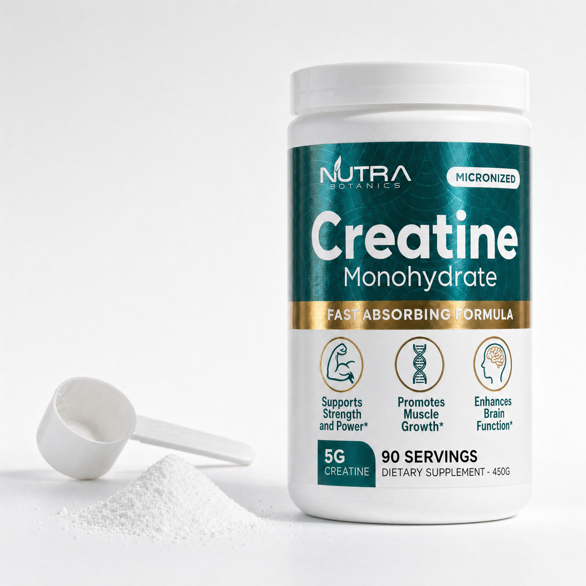 Creatine Monohydrate container with training and recovery essentials flat-lay