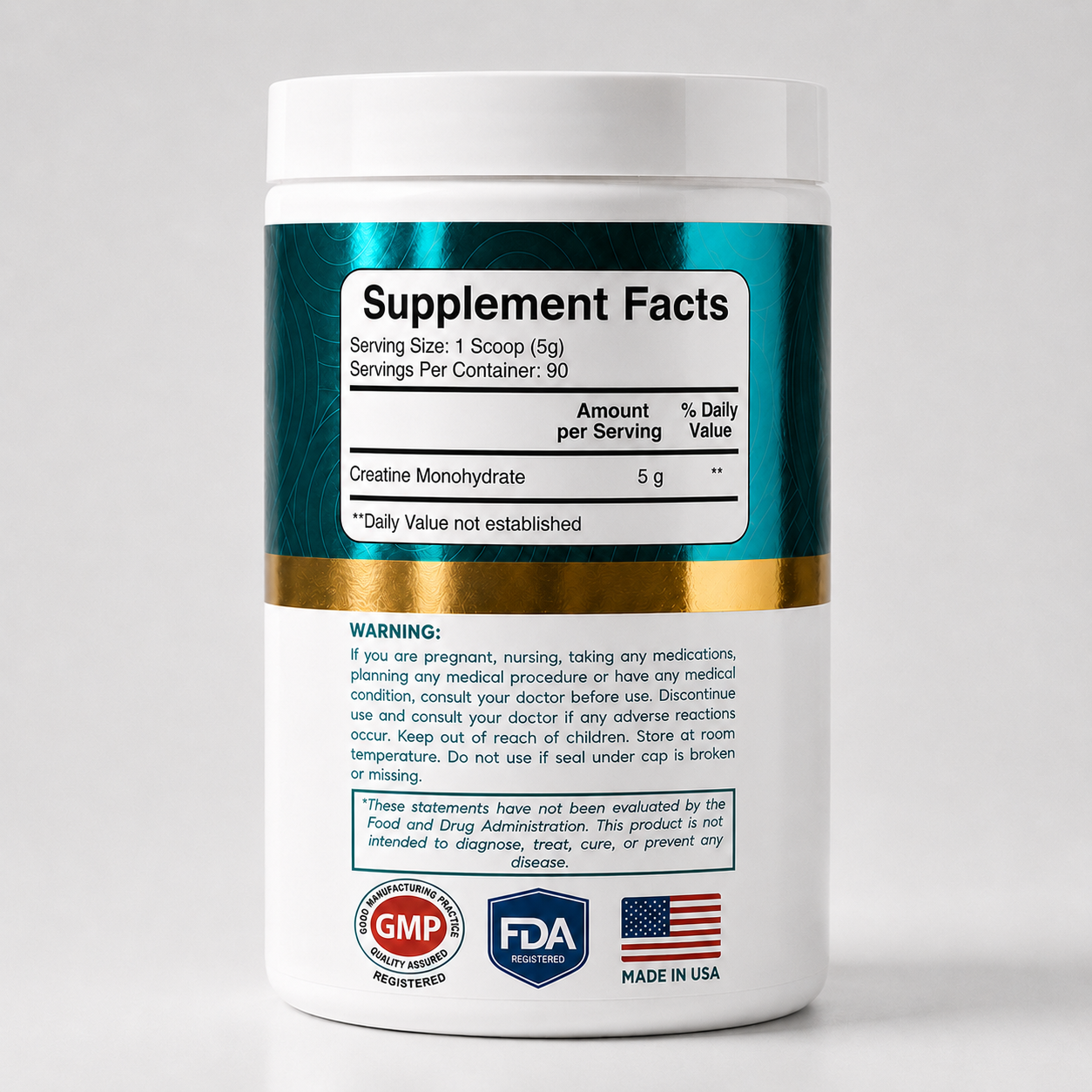 Creatine Monohydrate supplement facts label showing 5g micronized creatine per scoop