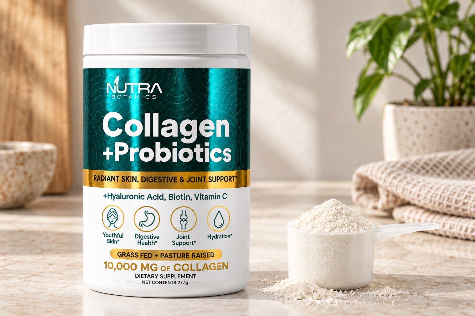 Collagen +Probiotics tub beside a scoop of powder on pale stone