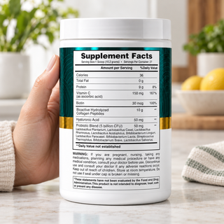 Hand holding the Supplement Facts side of the collagen powder tub