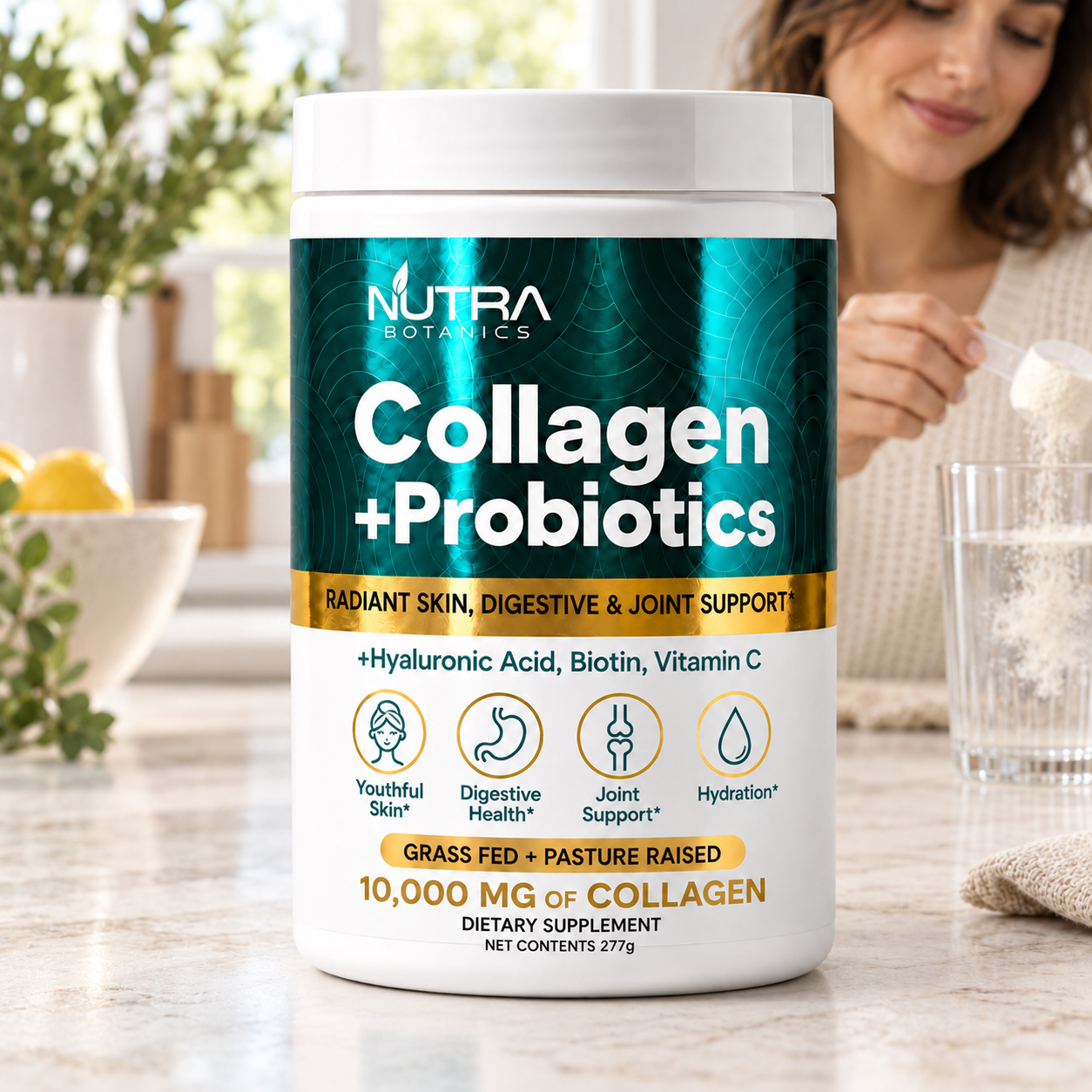 Woman adding collagen powder to a glass beside the tub