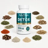 Colon Detox & Cleanse bottle with botanical ingredients flat-lay — psyllium, dandelion, fennel, cascara
