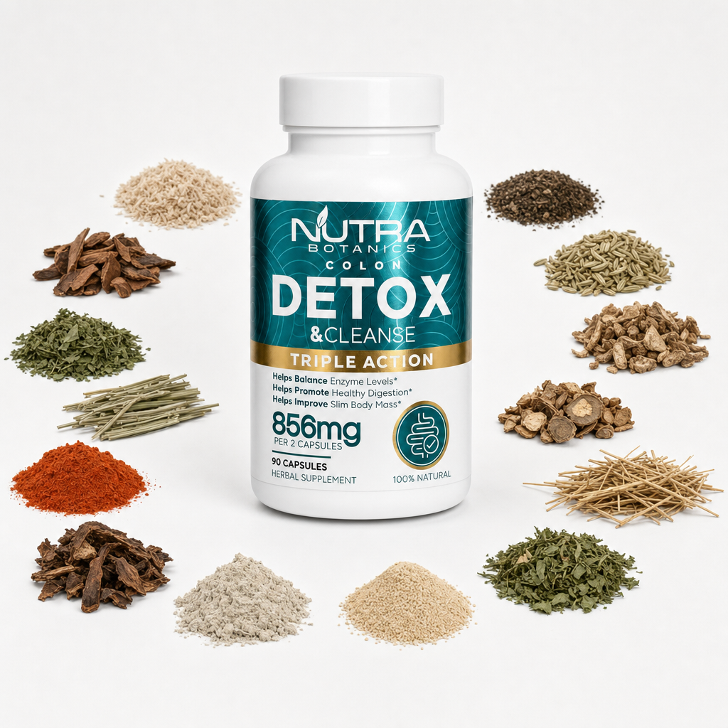 Colon Detox & Cleanse bottle with botanical ingredients flat-lay — psyllium, dandelion, fennel, cascara