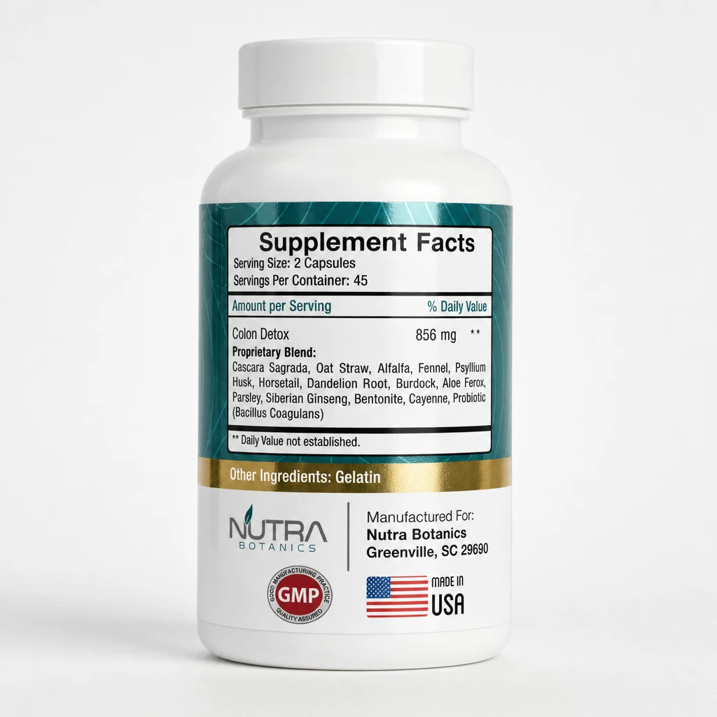 Colon Detox & Cleanse supplement facts label showing 856mg proprietary blend of 14 botanicals