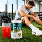 EAA + BCAA Hydration Formula tub beside a shaker of fruit-punch hydration during a post-workout cool-down
