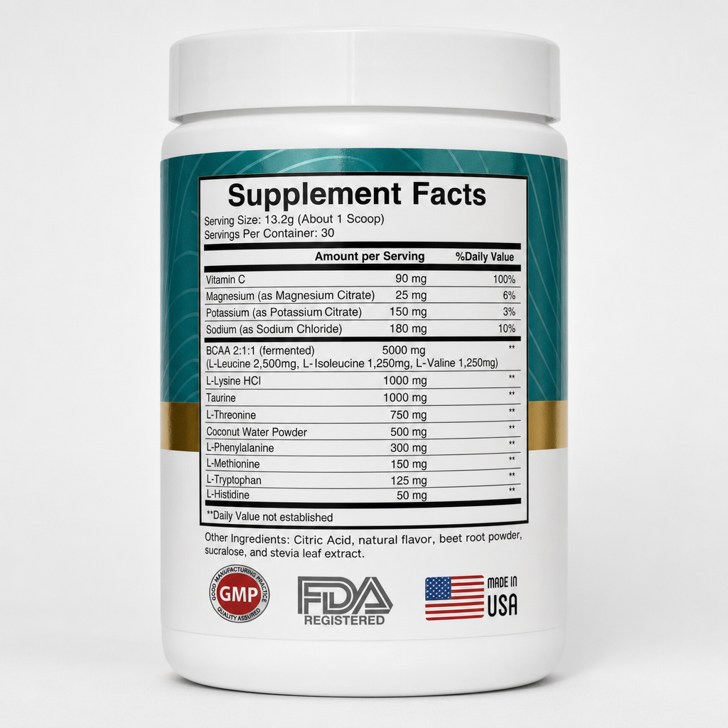 EAA + BCAA Hydration Formula supplement facts label showing all 9 EAAs, 5g BCAAs, electrolyte blend, coconut water