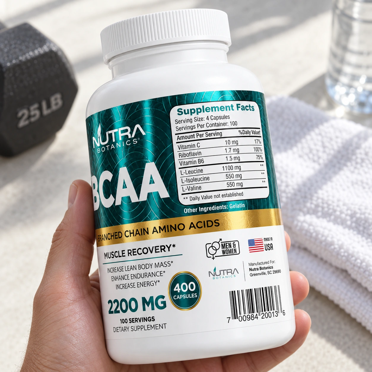 BCAA, close-up of the Supplement Facts side