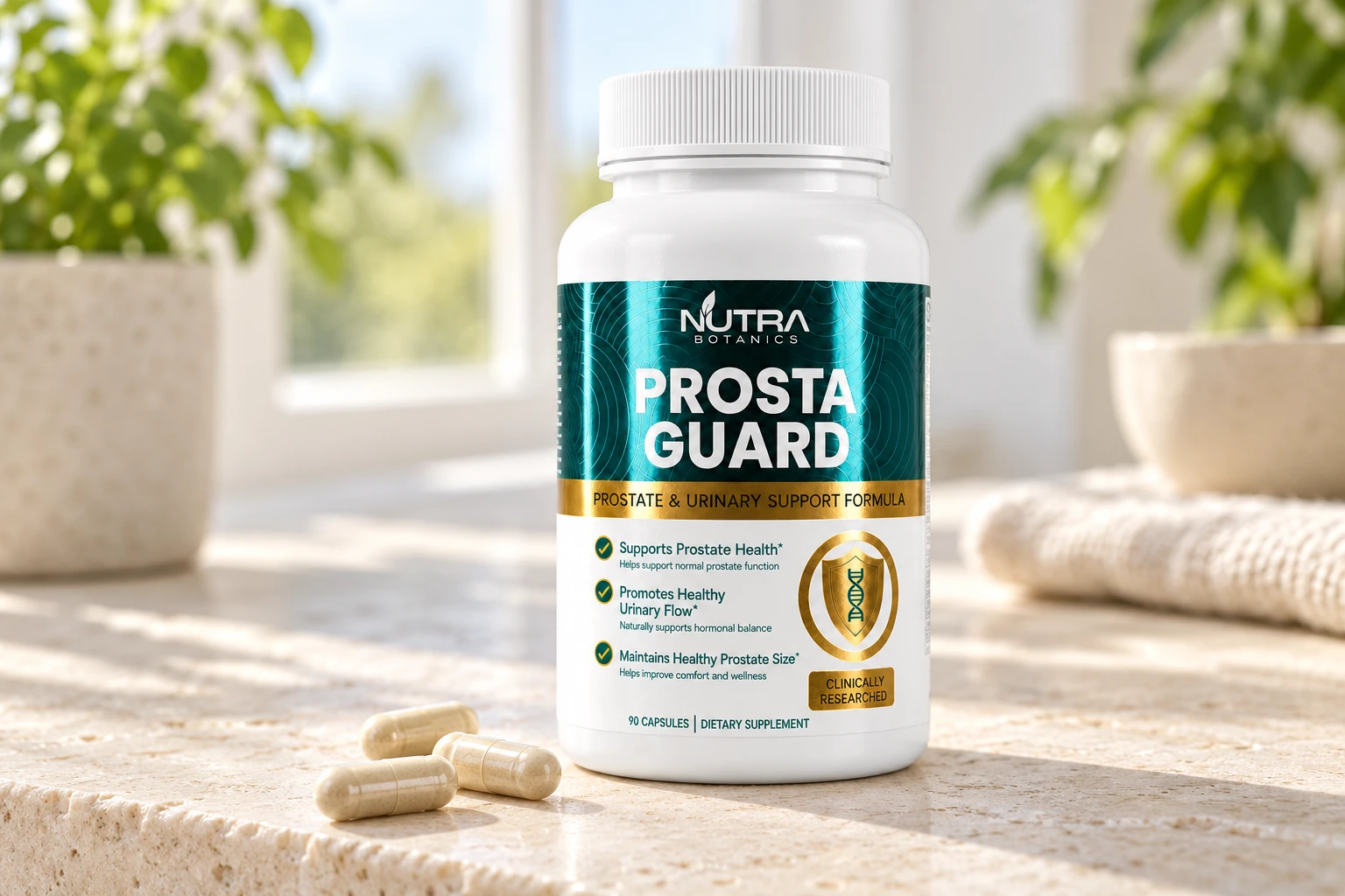 Prosta Guard upright beside capsules on warm stone
