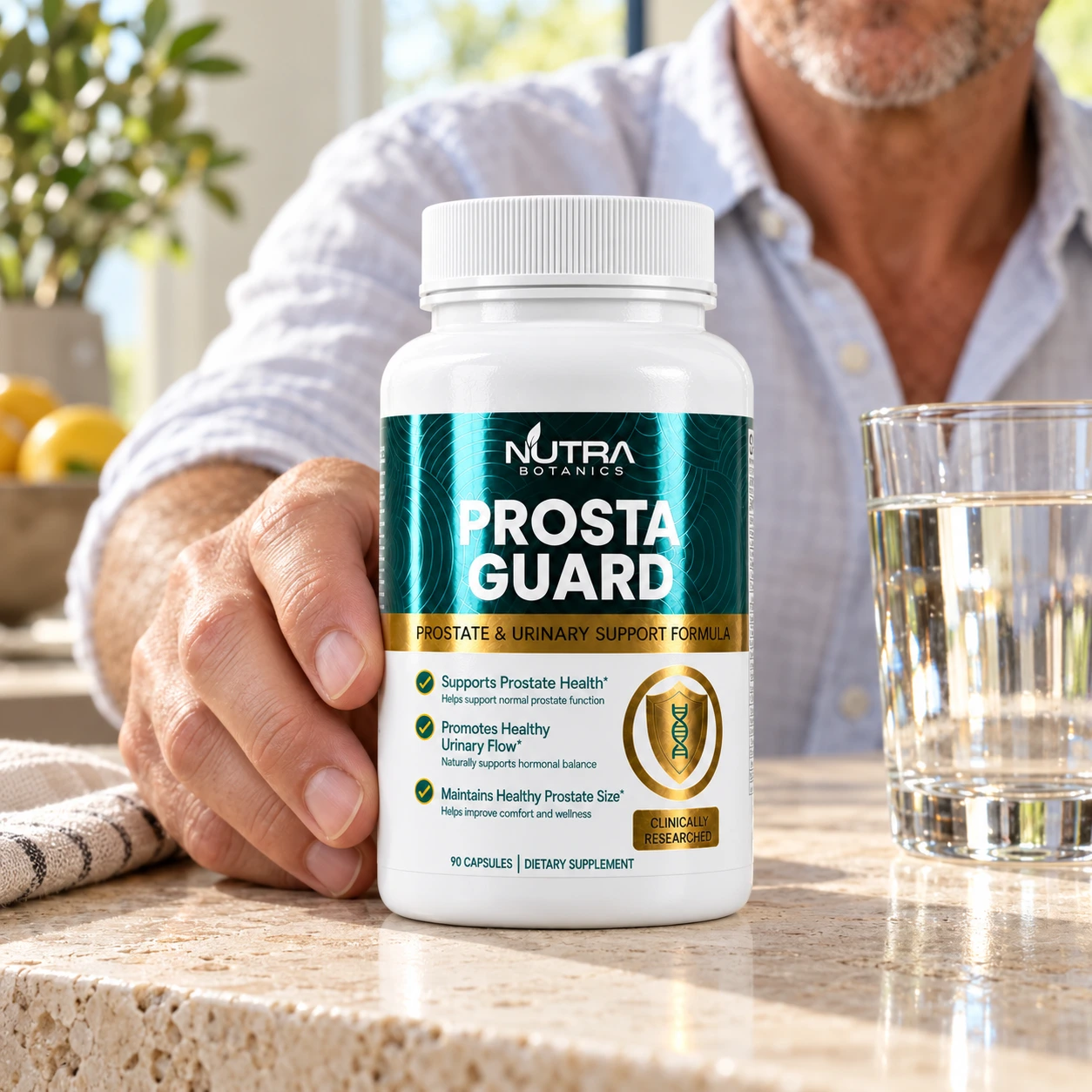 Prosta Guard on a sunlit counter with water