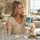 Super Collagen Joint Plus 16 fl oz held by woman in sunlit kitchen with morning tablespoon dose