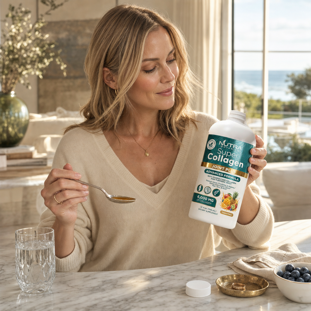 Super Collagen Joint Plus 32 fl oz held by woman in sunlit kitchen with morning tablespoon dose