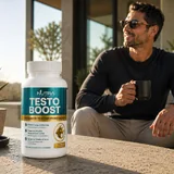 Testo Boost bottle with ashwagandha, fenugreek, tongkat ali and shilajit botanical flat-lay