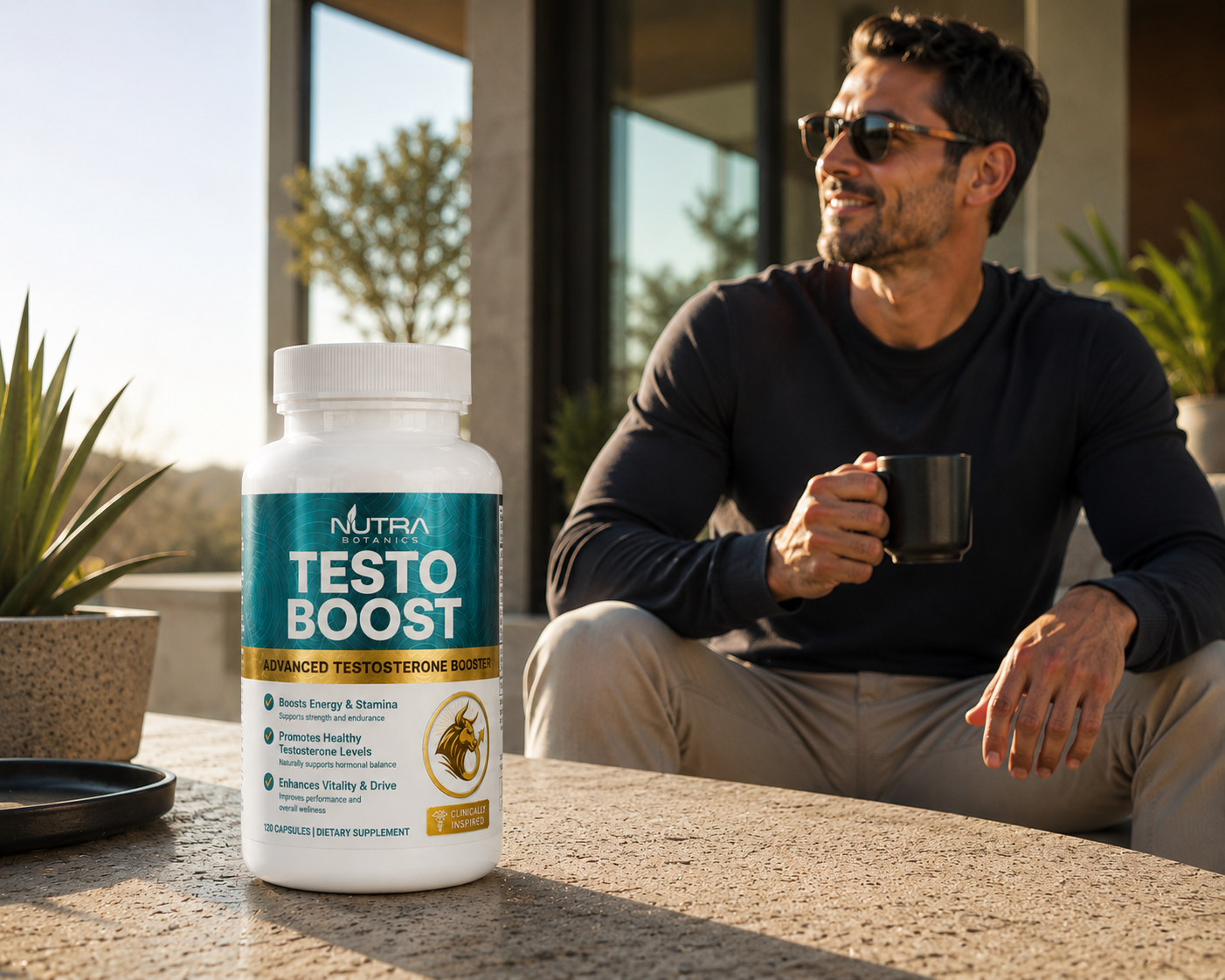 Testo Boost bottle with ashwagandha, fenugreek, tongkat ali and shilajit botanical flat-lay