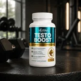 Testo Boost bottle on a gym bench with dumbbells in the background