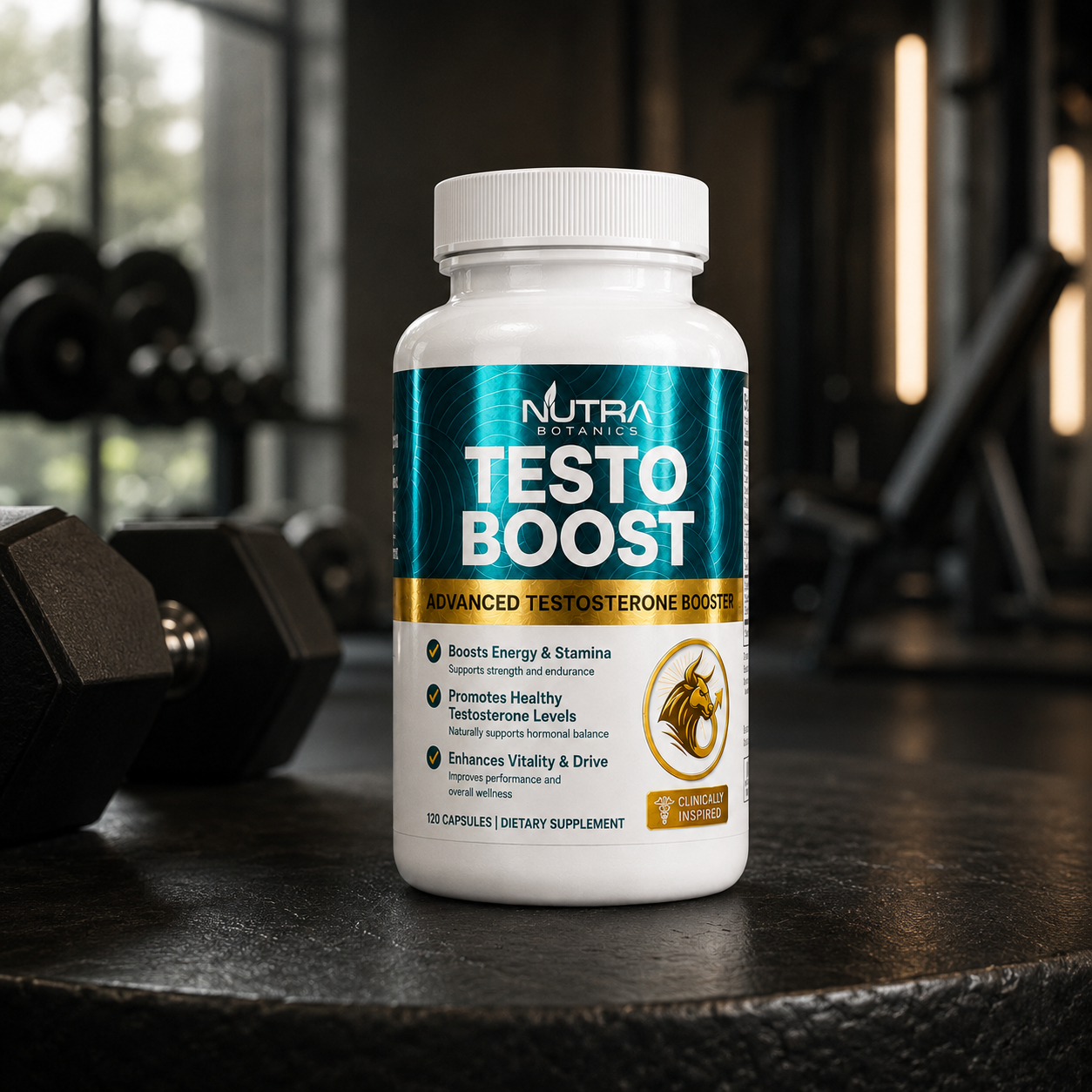 Testo Boost bottle on a gym bench with dumbbells in the background