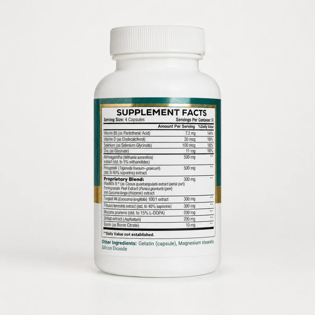 Testo Boost supplement facts label showing 12 ingredients including ashwagandha, fenugreek, tongkat ali and MaxiNOs B®