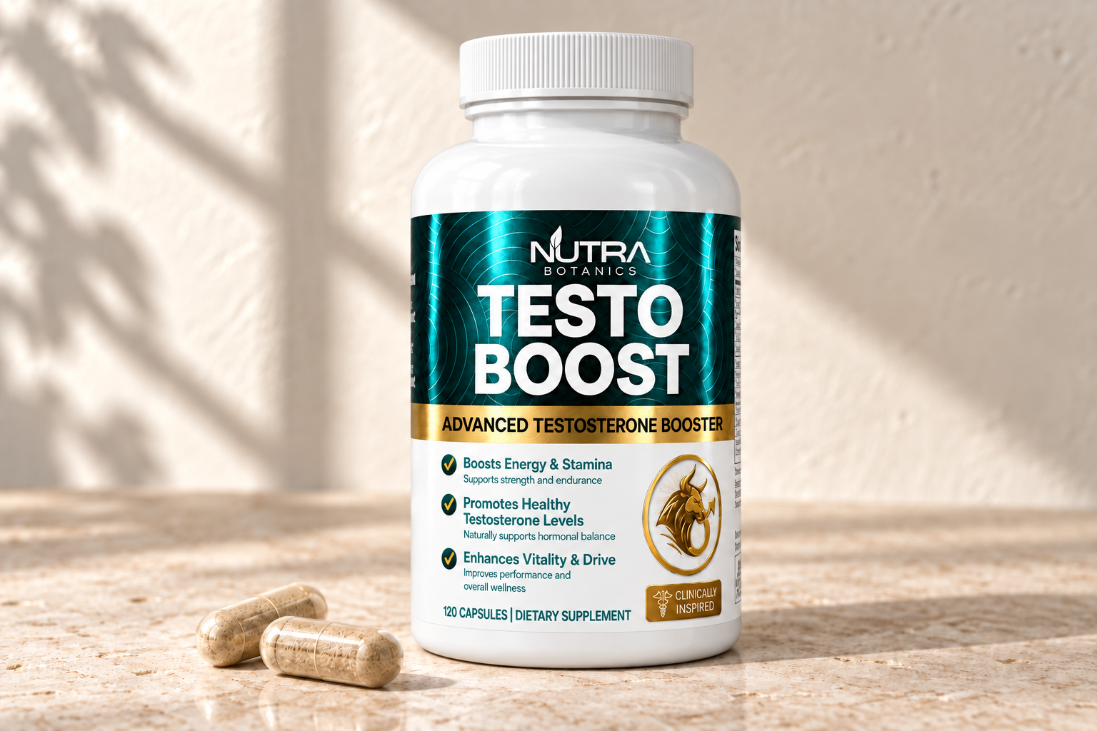 Testo Boost bottle beside capsules on warm stone
