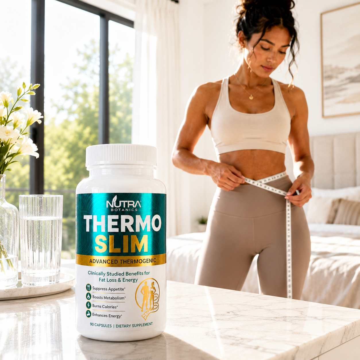 Thermo Slim bottle with green tea, green coffee bean, citrus aurantium and cayenne ingredient flat-lay