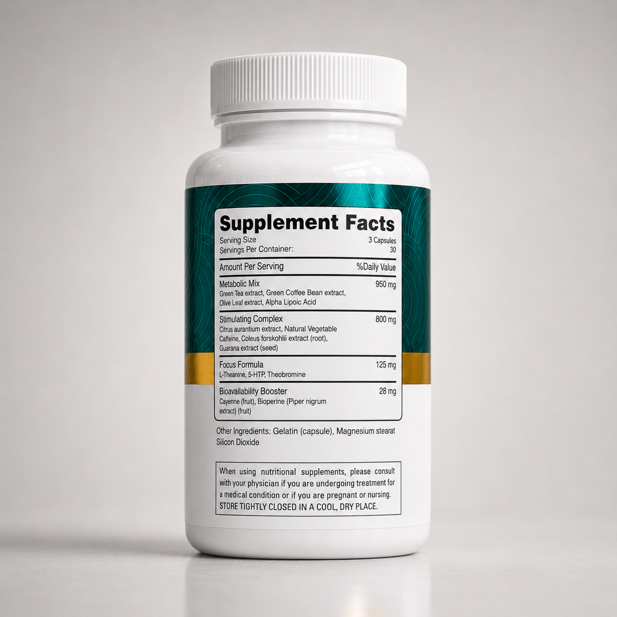 Thermo Slim supplement facts label showing 950mg Metabolic Mix, 800mg Stimulating Complex, 125mg Focus Formula and 28mg Bioavailability Booster