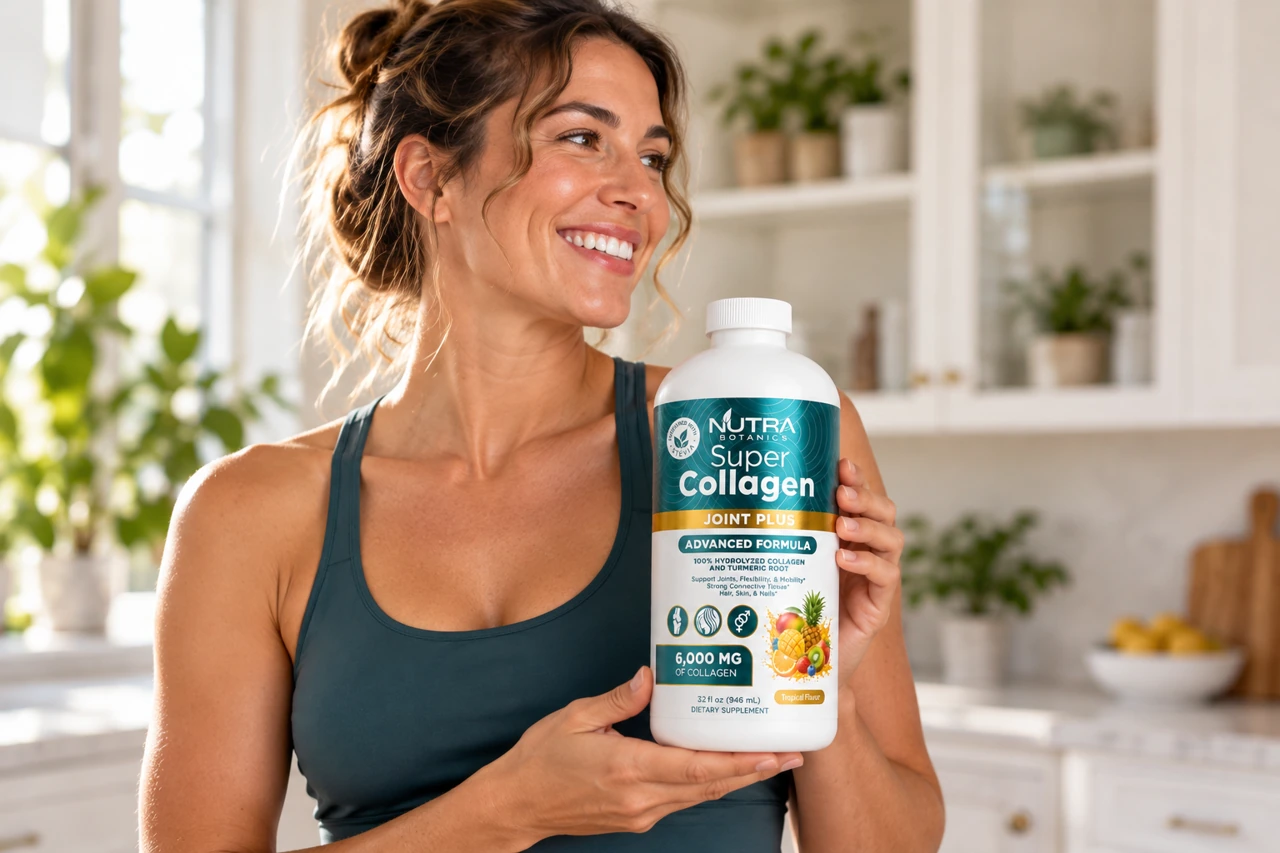 A woman holding Super Collagen Joint Plus in a bright kitchen