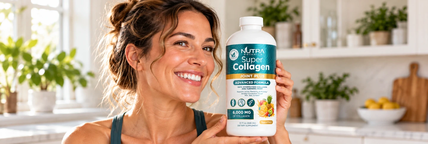 Una mujer sostiene una botella de Super Collagen Joint Plus en una cocina luminosa.