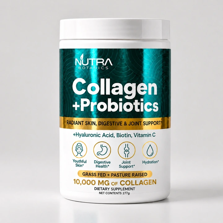 Collagen +Probiotics 277 g powder tub with metallic teal label